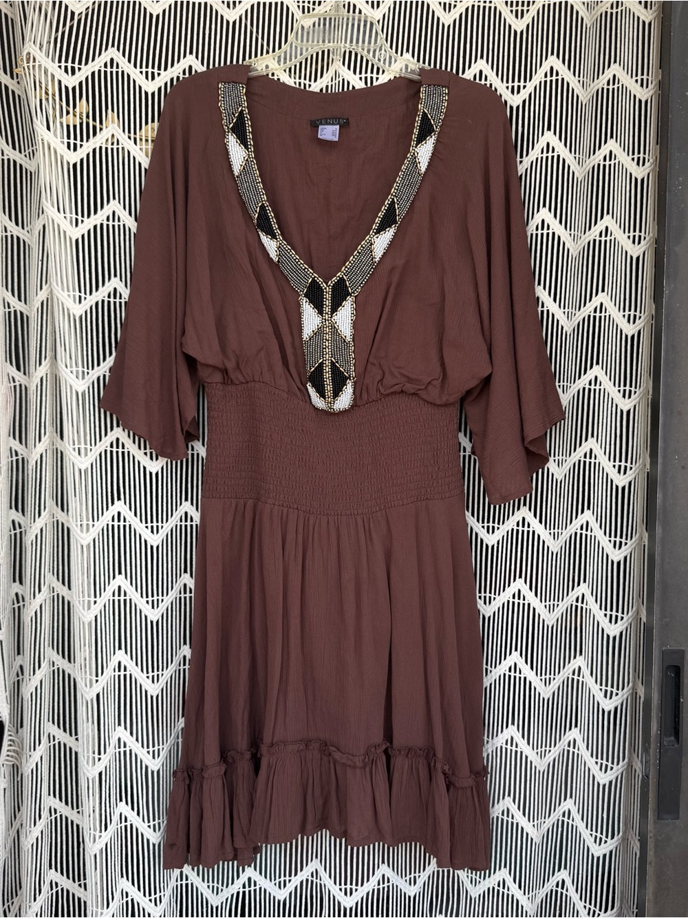 VENUS Brown V-Neck Midi Dress with Beaded Trim